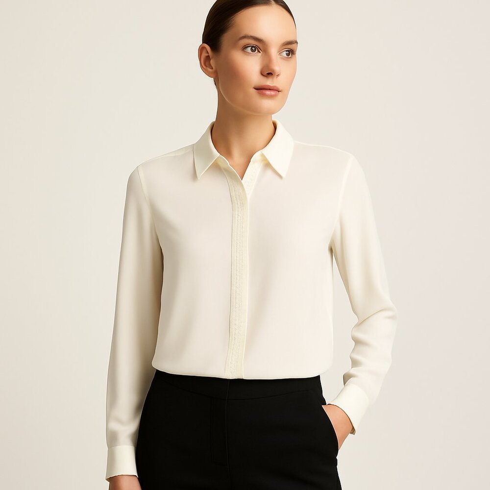 #085 VINTAGE | JM Collection White Pearl Embellished Longsleeve Blouse - Sz 18